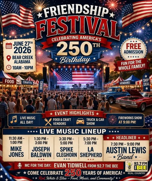 Friendship Festival Celebrating America's 250th Birthday event at Bear Creek in Bear Creek, AL on June 27, 2026