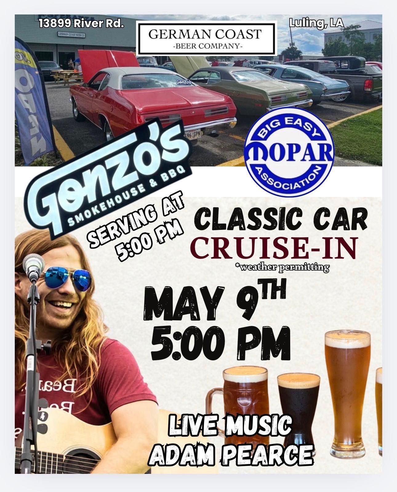 Gonzo's Smokehouse & BBQ Classic Car Cruise-In event at Gonzo's Smokehouse & BBQ in Luling, LA on May 9, 2026