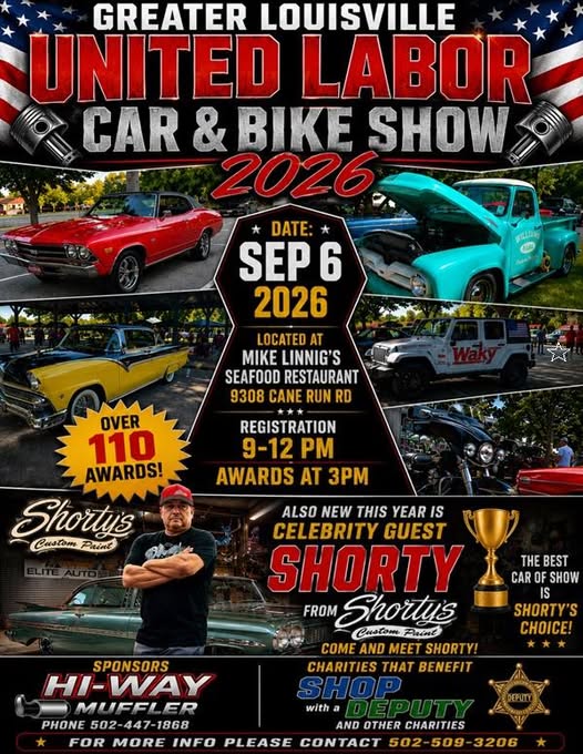 Greater Louisville United Labor Car & Bike Show 2026 event at Mike Linning's Seafood Restaurant in Louisville, KY on September 6, 2026