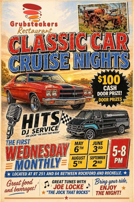 Grubsteakers Restaurant Classic Car Cruise Nights event at Grubsteakers Restaurant in Rockford, IL on May 6, 2026