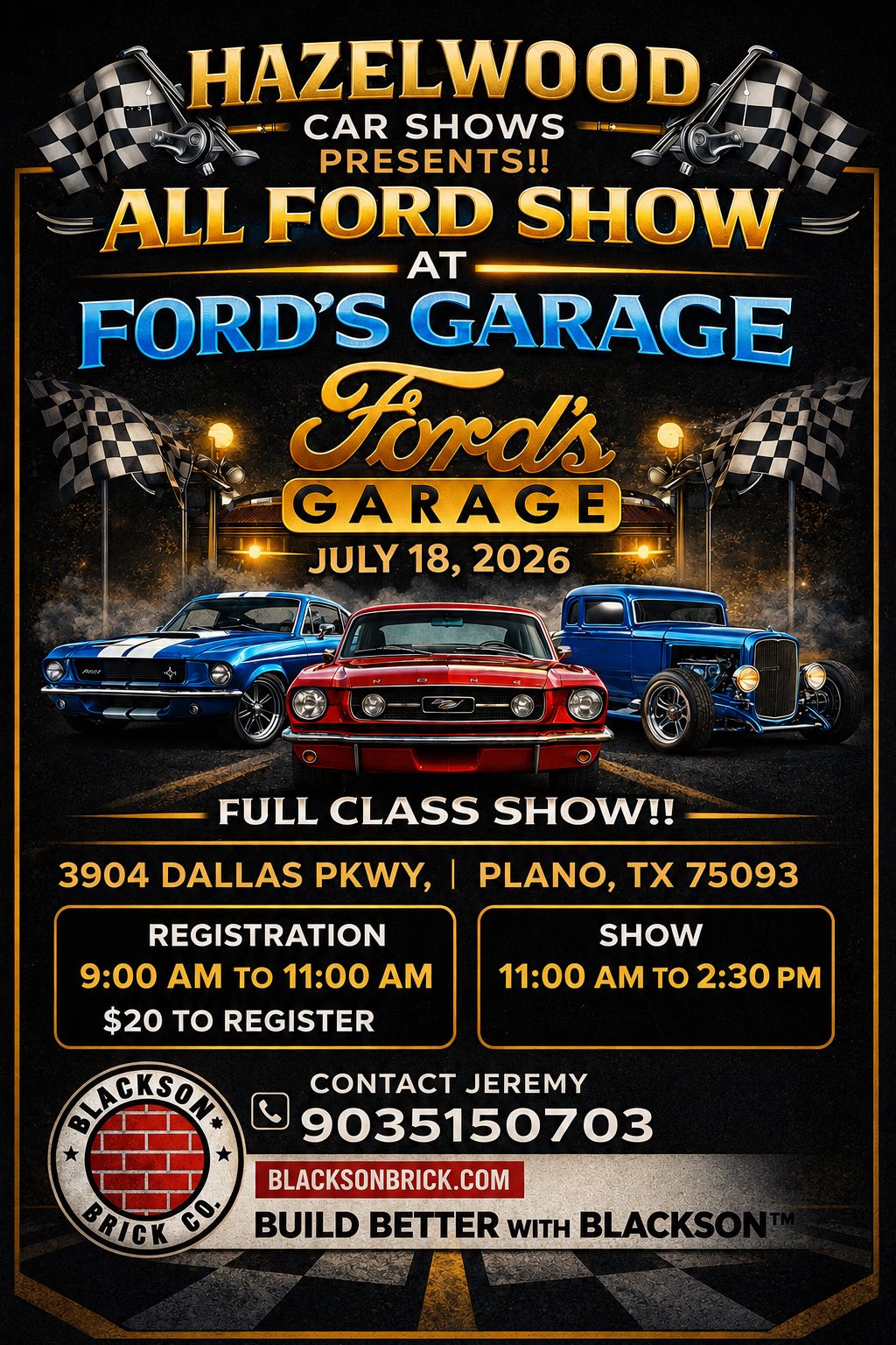 Hazelwood Car Shows Presents!! All Ford Show At Ford's Garage event at Ford's Garage in Plano, TX on July 18, 2026