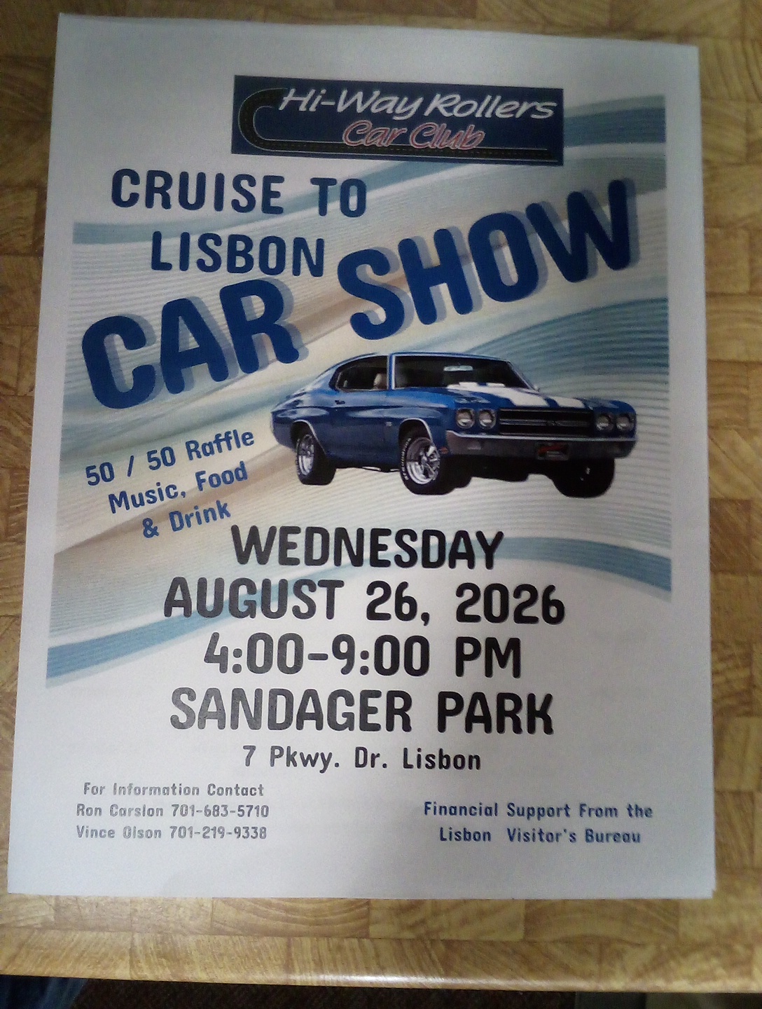 Hi-Way Rollers Car Club Cruise To Lisbon Car Show event at Sandager Park in Lisbon, ND on August 26, 2026