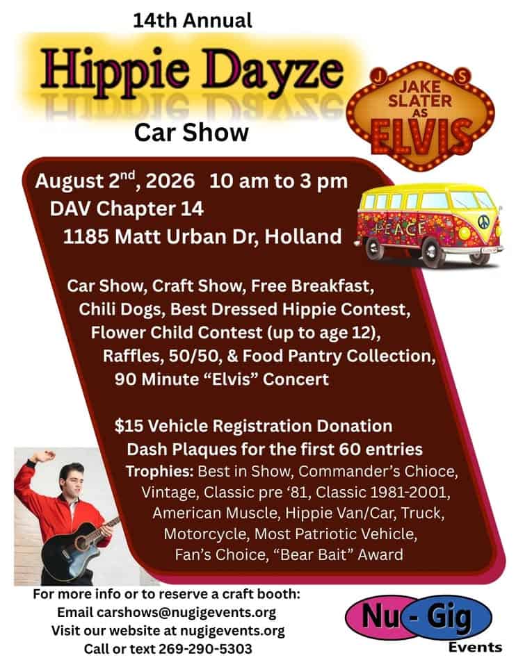 Hippie Dayze Car Show & Craft Show event at 1185 Matt Urban Dr in Holland, MI on August 2, 2026