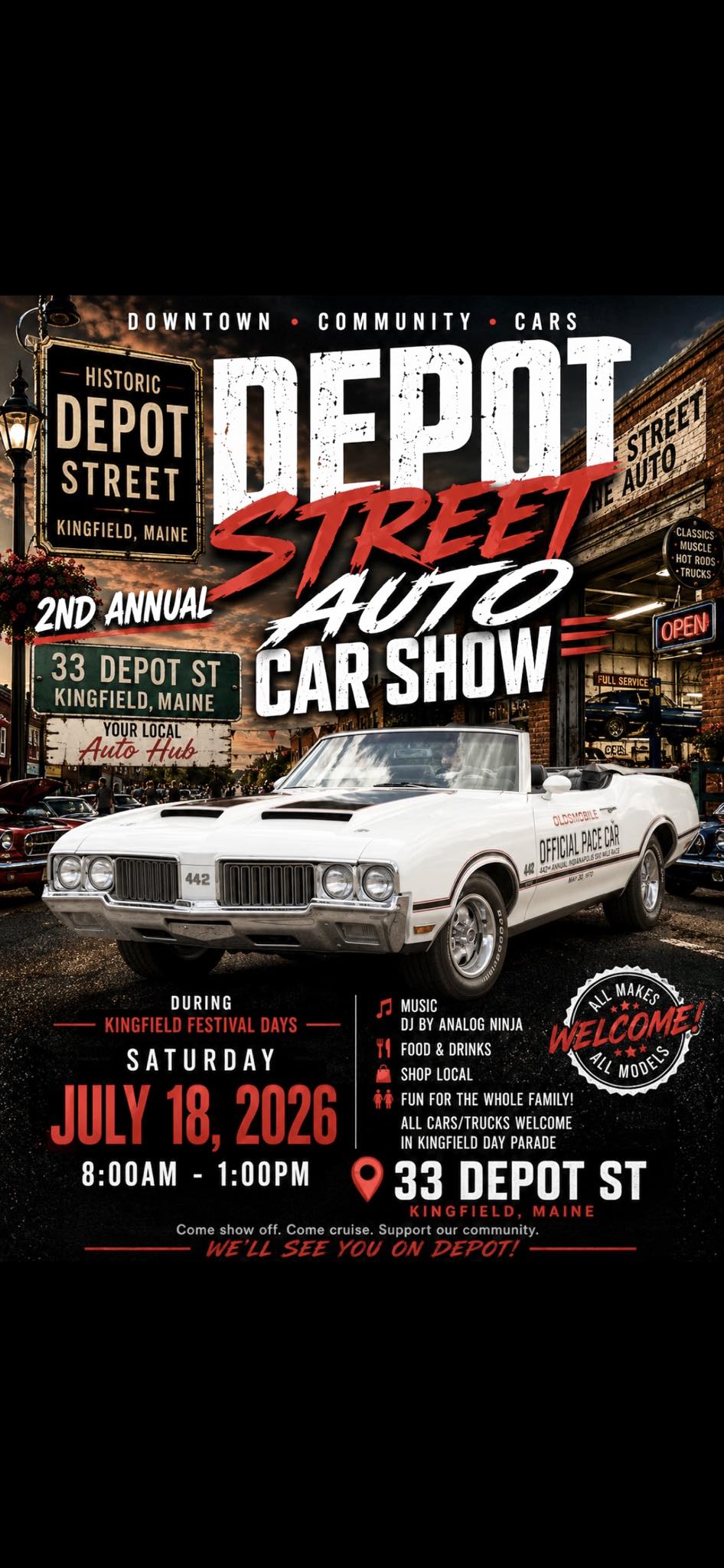 Historic Depot Street 2nd Annual Auto Show event at 33 Depot St in Kingfield, ME on July 18, 2026