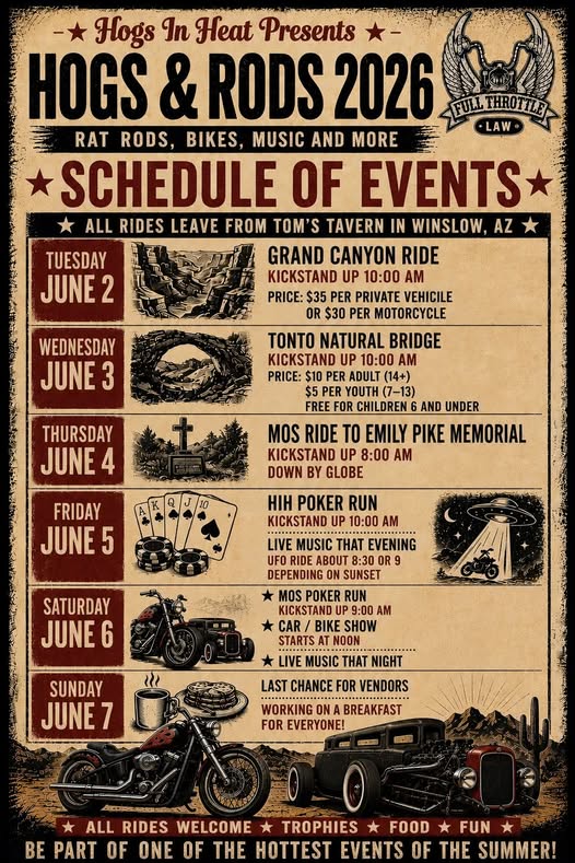 Hogs & Rods 2026 event at Tom's Tavern in Winslow, AZ on June 2, 2026