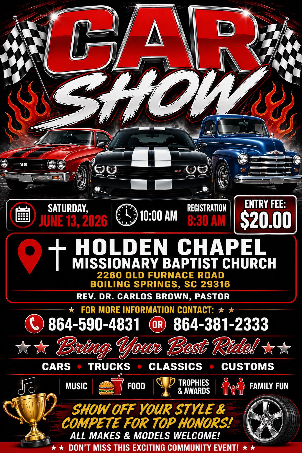Holden Chapel Missionary Baptist Church Car Show event at Holden Chapel Missionary Baptist Church in Boiling Springs, SC on June 13, 2026