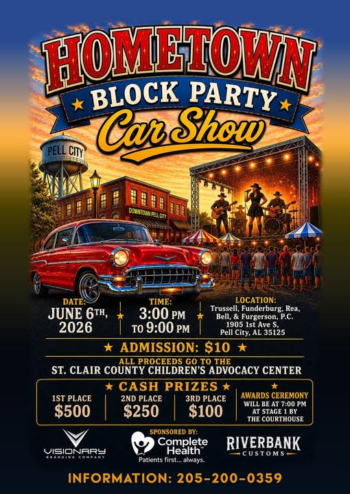 Hometown Block Party Car Show event at Trussell, Funderburg, Rea, Bell, & Furgerson, P.C. in Pell City, AL on June 6, 2026