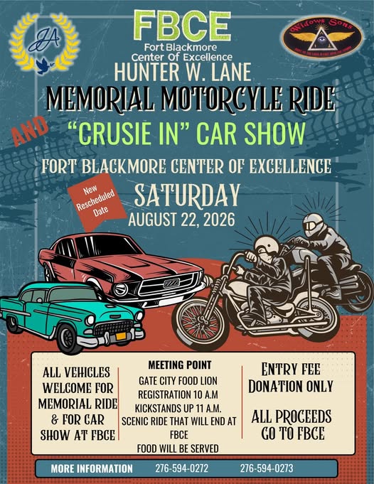 Hunter W. Lane Memorial Motorcycle Ride And Cruise In Car Show event at Fort Blackmore Center Of Excellence in Fort Blackmore, VA on August 22, 2026