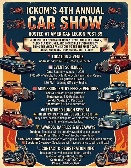 Ickom's 4th Annual Car Show event at American Legion Post 89 in Decatur, MS on August 1, 2026
