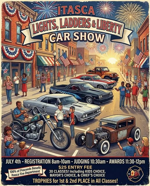 Itasca Lights, Ladders & Liberty Car Show event at Downtown Itasca in Itasca, IL on July 4, 2026