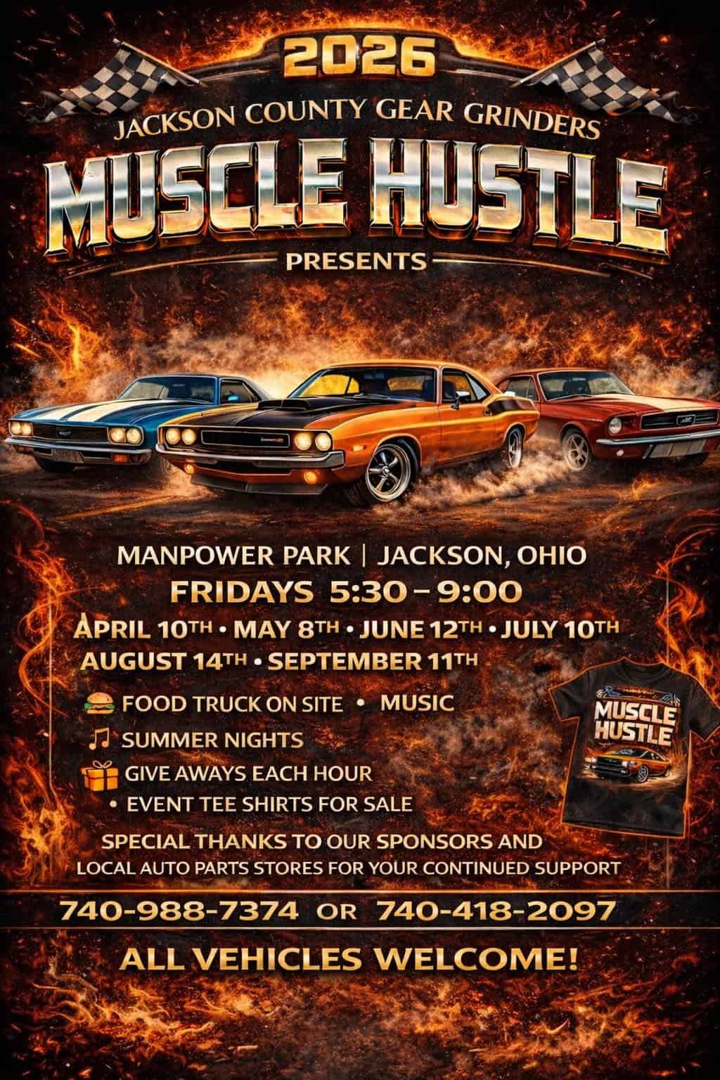 Jackson County Gear Grinders Muscle Hustle event at Manpower Park in Jackson, OH on May 8, 2026