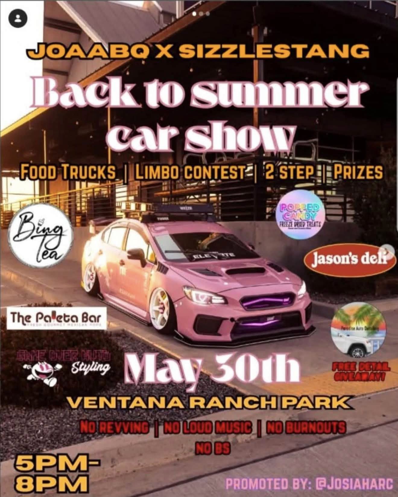 Joaabq X Sizzlestang Back To Summer Car Show event at Ventana Ranch Park in Albuquerque, NM on May 30, 2026