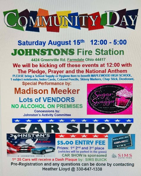 Johnston's Community Day Car Show event at Johnston's Fire Station in Farmdale, OH on August 15, 2026