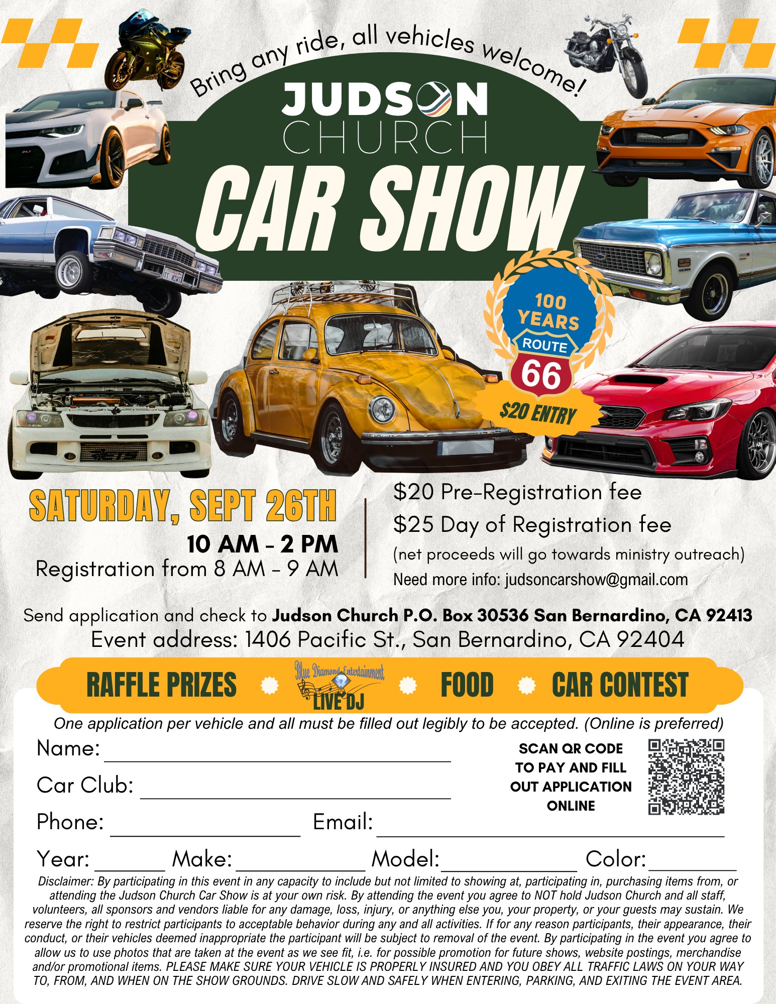 Judson Church Car Show event at Judson Church in San Bernardino, CA on September 26, 2026