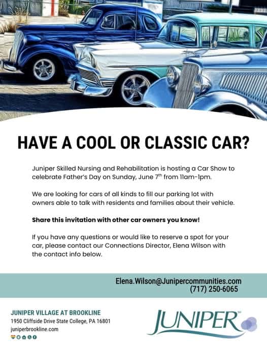 Juniper Village Car Show event at Juniper Village at Brookline in State College, PA on June 7, 2026
