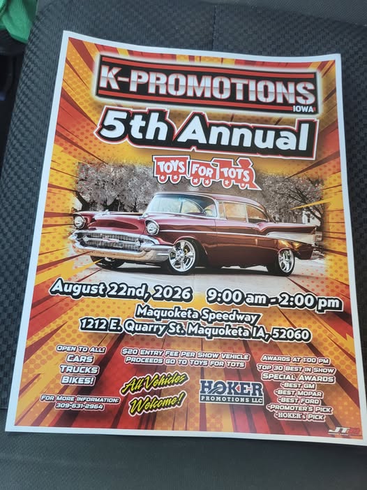 K-Promotions Iowa 5th Annual Toys For Tots event at Maquoketa Speedway in Maquoketa, IA on August 22, 2026