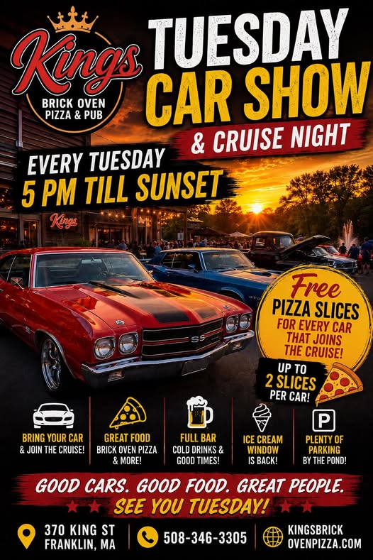 Kings Brick Oven Pizza & Pub Tuesday Car Show & Cruise Night event at Kings Brick Oven Pizza & Pub in Franklin, MA on June 2, 2026