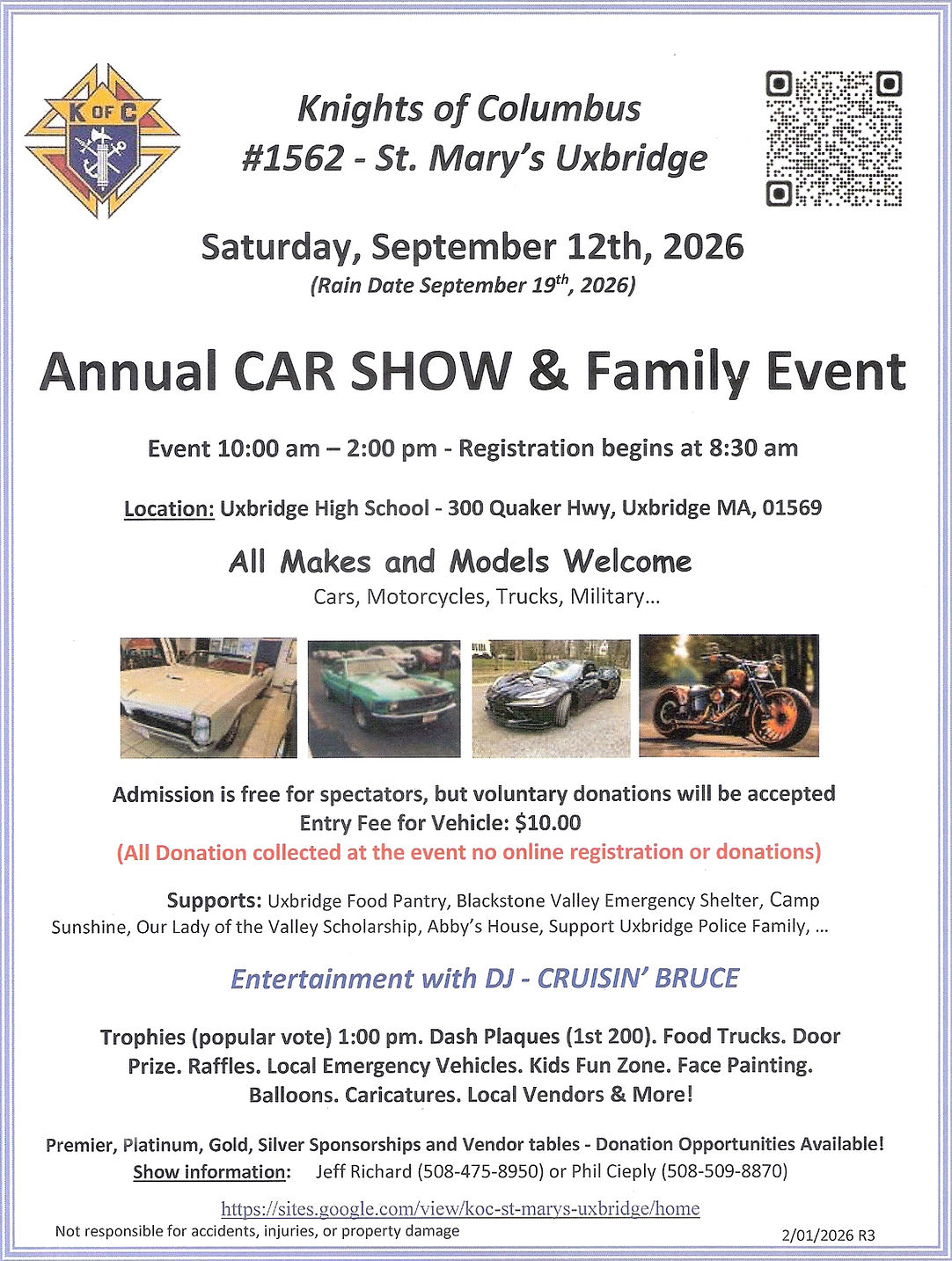 Knights of Columbus #1562 - St. Mary's Uxbridge Annual Car Show & Family Event event at Uxbridge High School in Uxbridge, MA on September 12, 2026