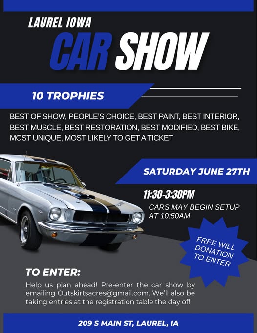 Laurel Iowa Car Show event at 209 S Main St in Laurel, IA on June 27, 2026