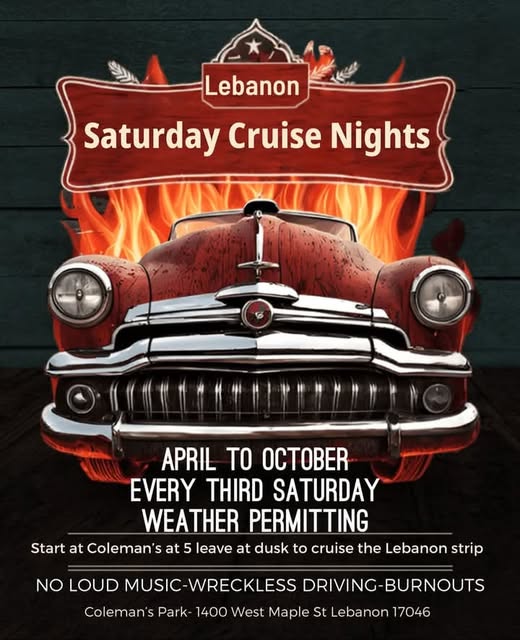 Lebanon Saturday Cruise Nights event at Coleman's Park in Lebanon, PA on June 20, 2026