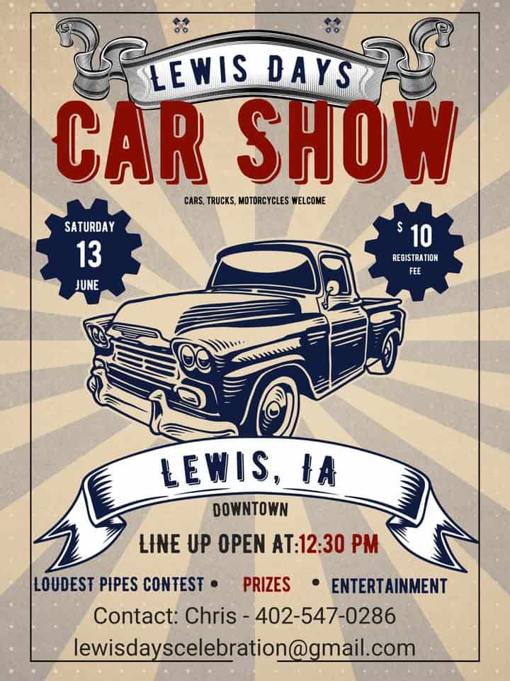 Lewis Days Car Show event at 412 W Main St in Lewis, IA on June 13, 2026