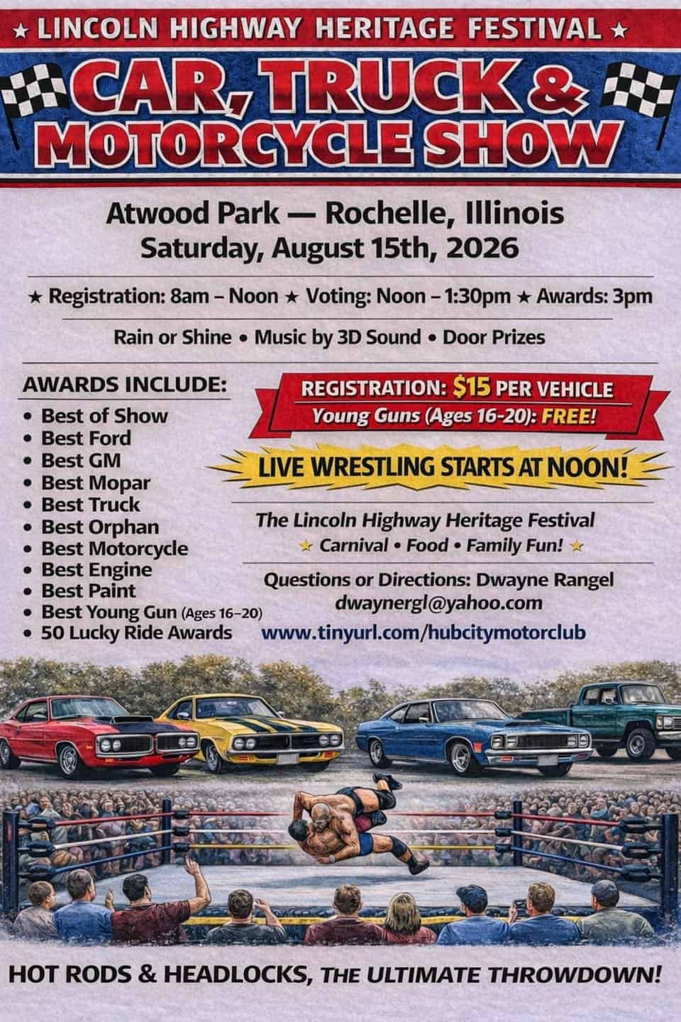 Lincoln Highway Heritage Fest Car Show event at Atwood Park in Rochelle, IL on August 15, 2026