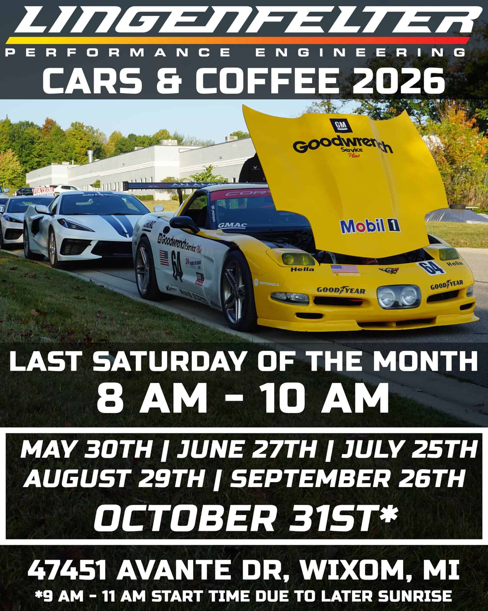 Lingenfelter Cars & Coffee event at Lingenfelter Performance Engineering in Wixom, MI on May 30, 2026