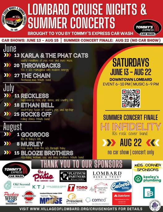 Lombard Cruise Nights & Summer Concerts event at Downtown Lombard in Lombard, IL on June 13, 2026