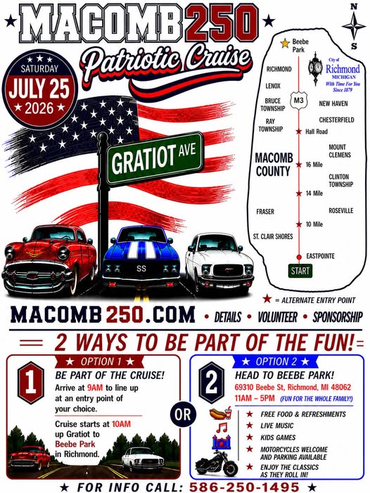 MACOMB250 Patriotic Cruise event at Beebe Park in Richmond, MI on July 25, 2026