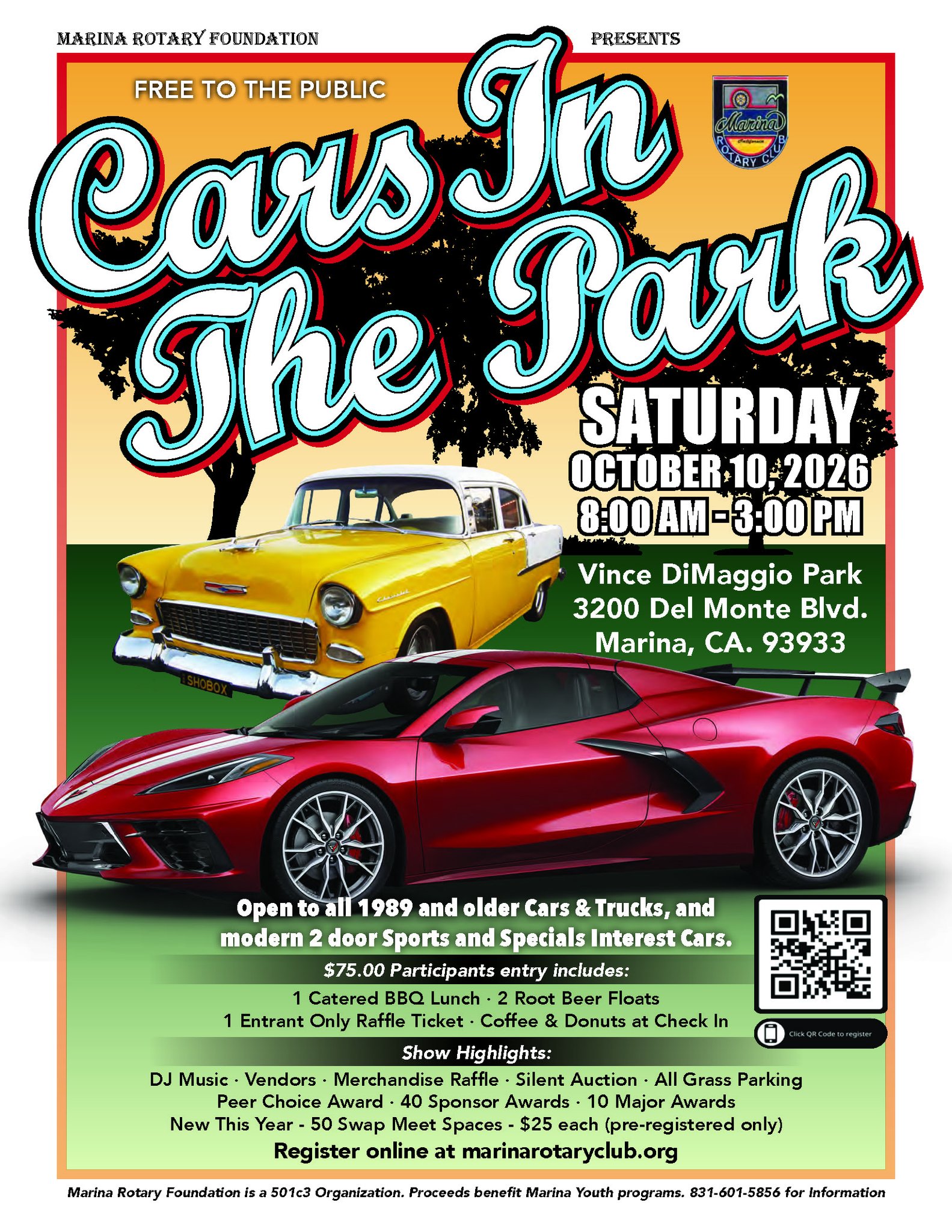 Marina Rotary Foundation Presents Cars In The Park event at Vince DiMaggio Park in Marina, CA on October 10, 2026