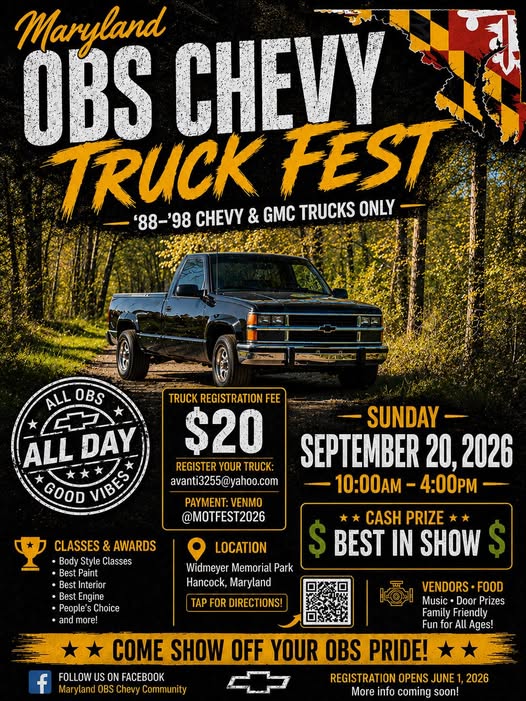 Maryland OBS Chevy Truck Fest event at Widmeyer Memorial Park in Hancock, MD on September 20, 2026