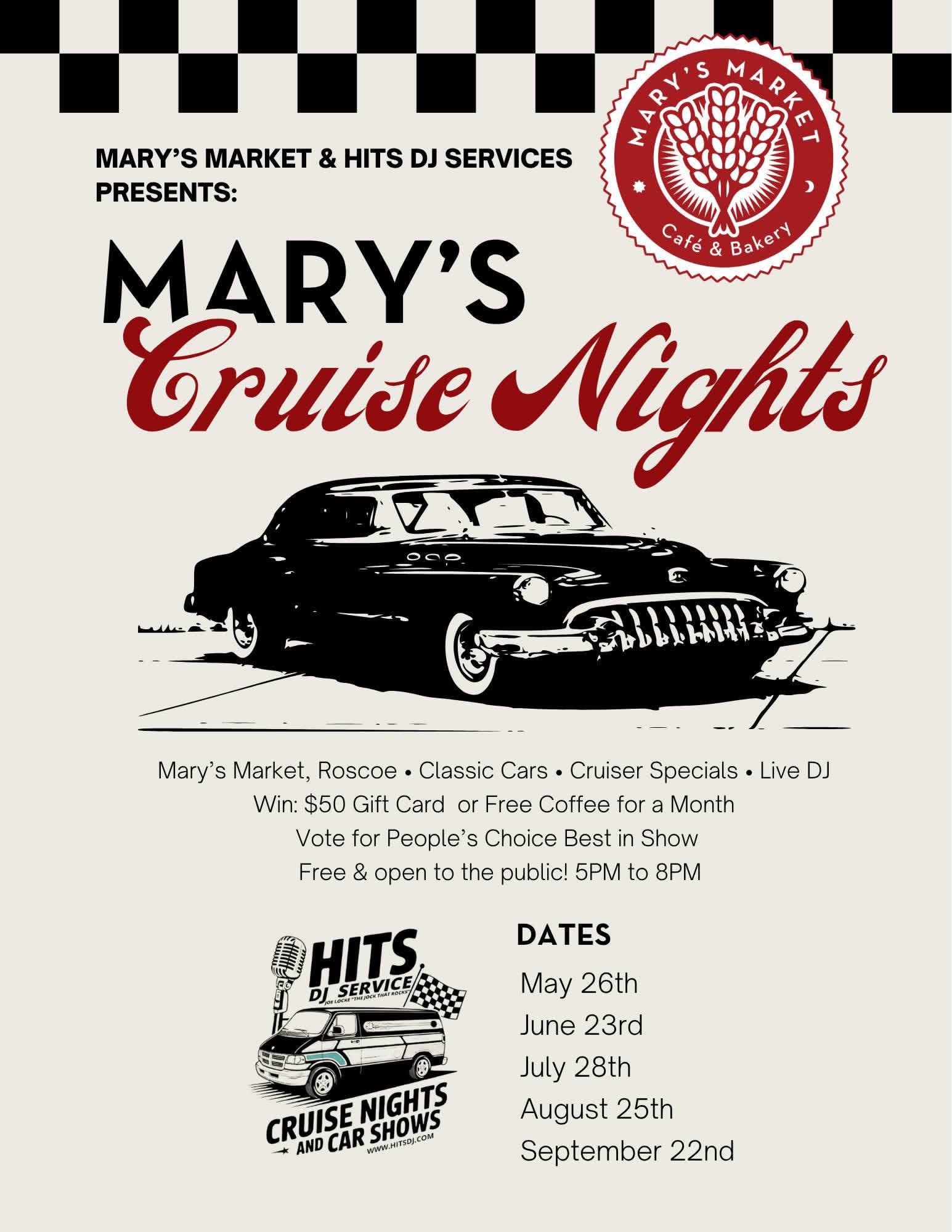 Mary's Cruise Nights event at Mary's Market in Roscoe, IL on June 23, 2026