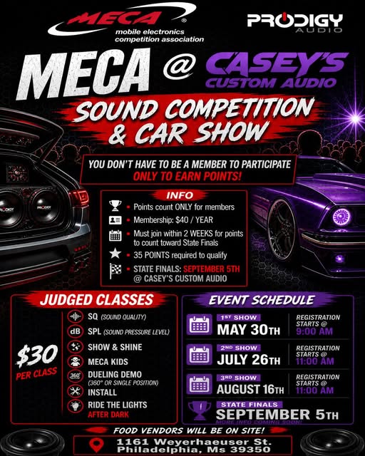 Meca @ Casey's Custom Audio Sound Competition & Car Show event at Casey's Custom Audio in Philadelphia, MS on September 5, 2026