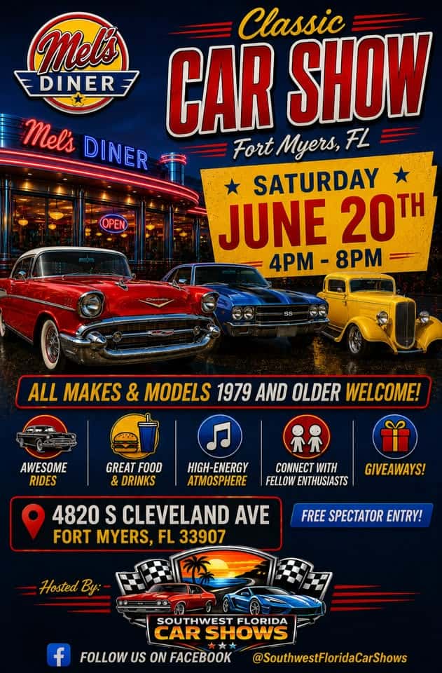 Mel's Diner Classic Car Show event at 4820 S Cleveland Ave in Fort Myers, FL on June 20, 2026