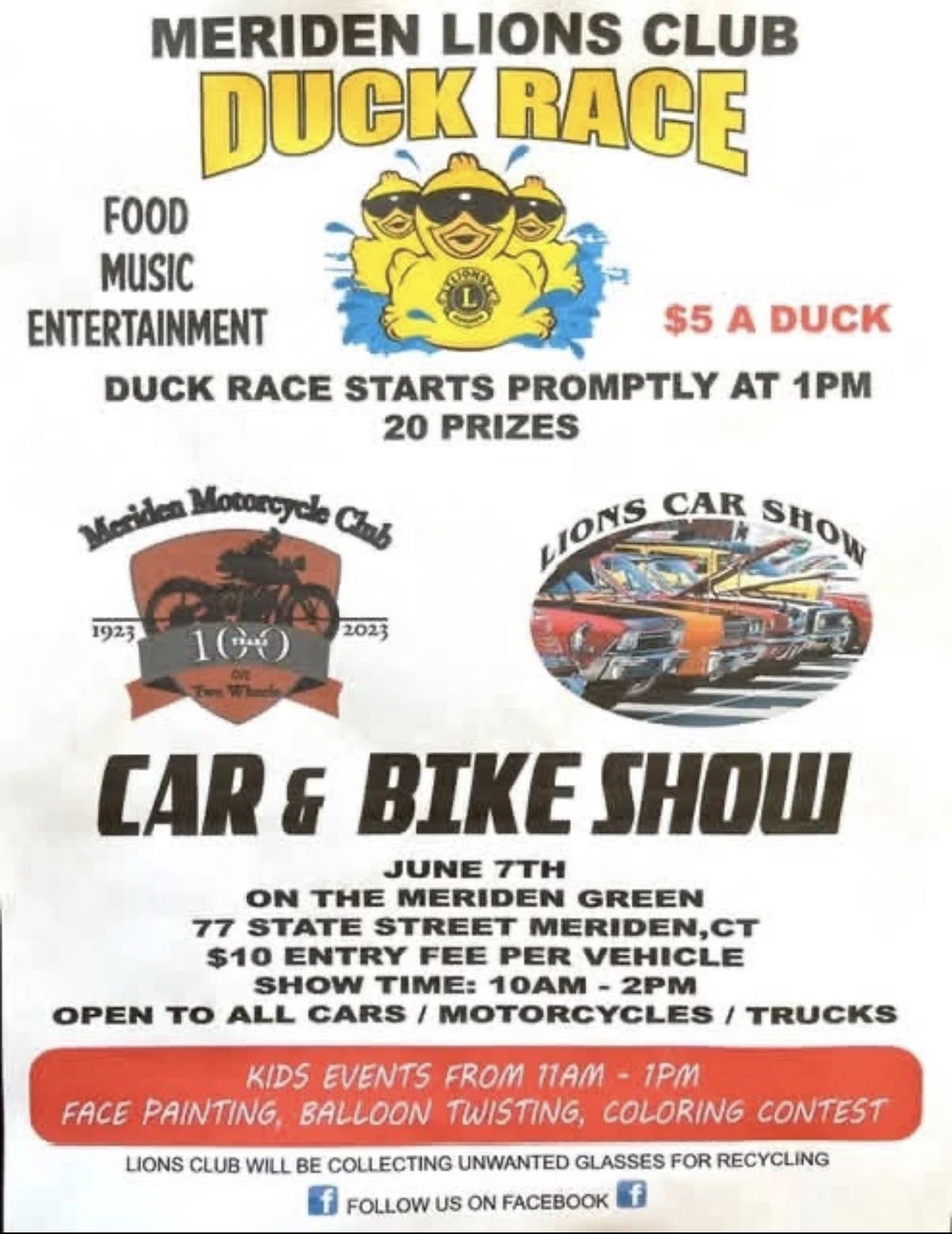 Meriden Lions Club Duck Race Car & Bike Show event at Meriden Green in Meriden, CT on June 7, 2026