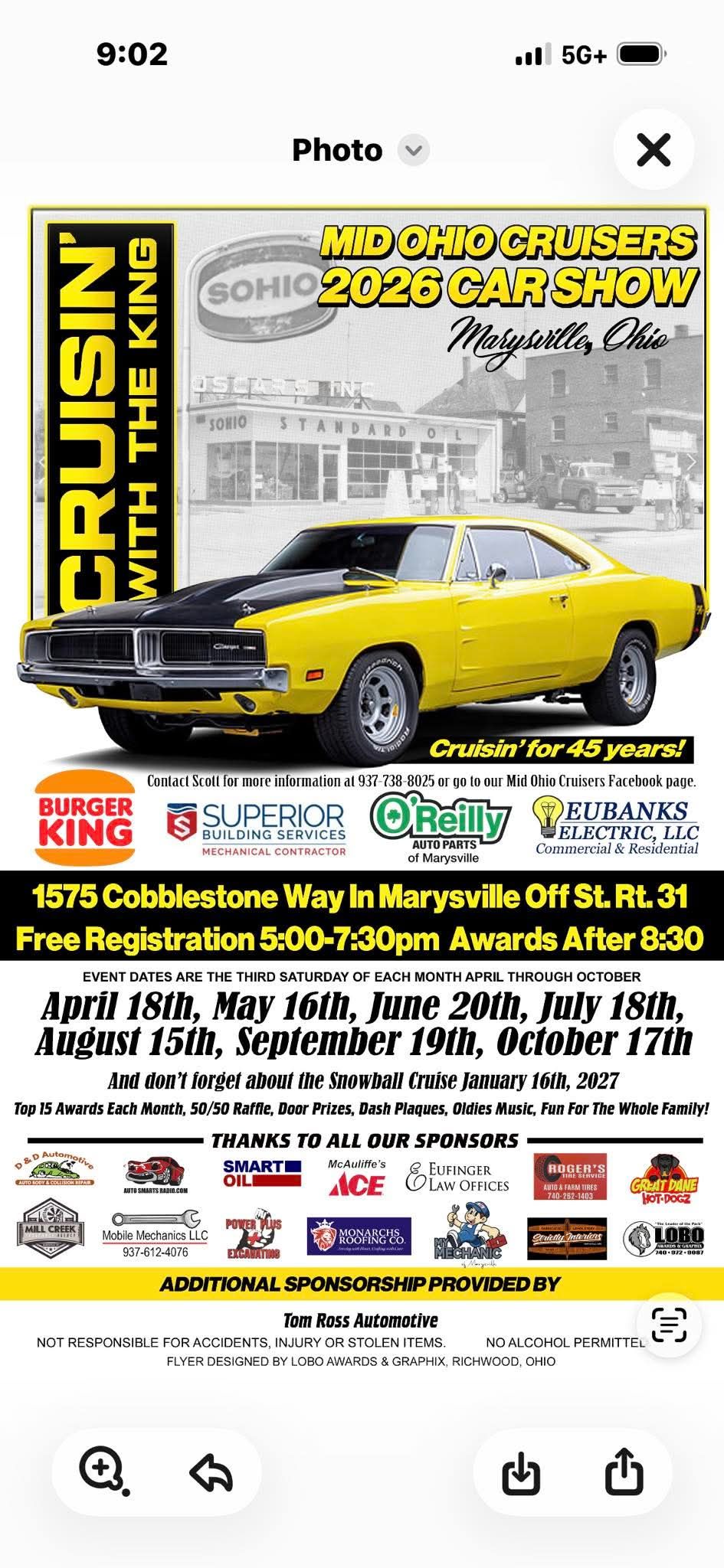 Mid Ohio Cruisers 2026 Car Show event at 1575 Cobblestone Way in Marysville, OH on August 15, 2026