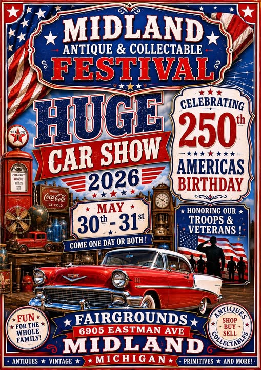 Midland Antique & Collectable Festival Huge Car Show event at Fairgrounds in Midland, MI on May 30, 2026