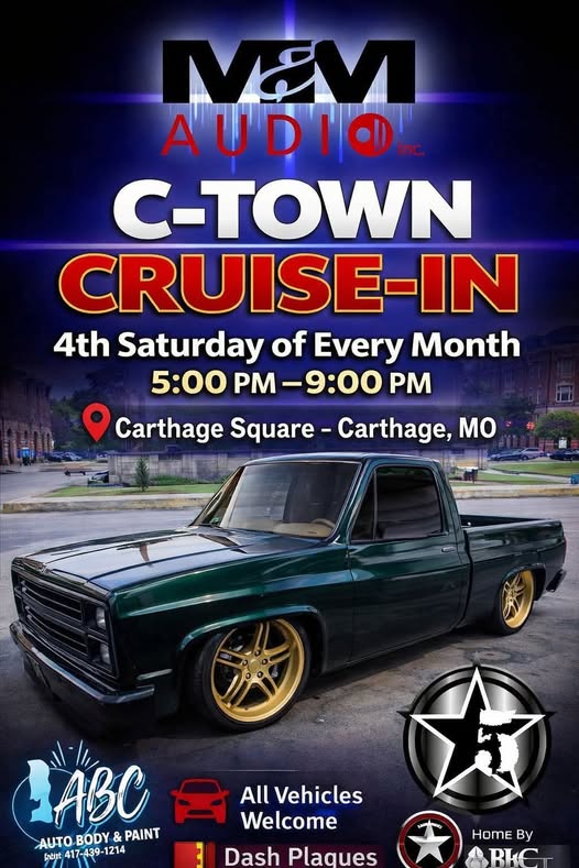 M&M Audio C-Town Cruise-IN event at Carthage Square in Carthage, MO on May 28, 2026
