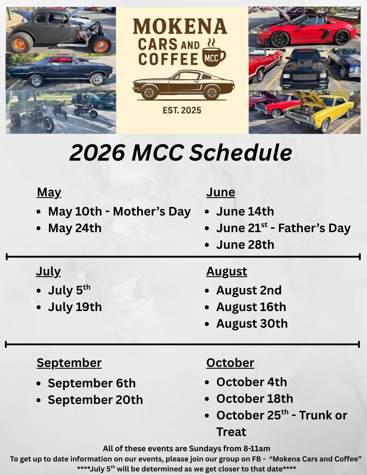 Mokena Cars & Coffee event at Outlot of - 19060 Everett Blvd in Mokena, IL on May 24, 2026