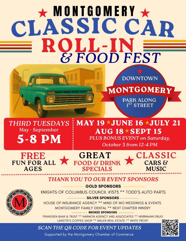 Montgomery Classic Car Roll-In & Food Fest event at Park Along 1st Street in Montgomery, MN on May 19, 2026
