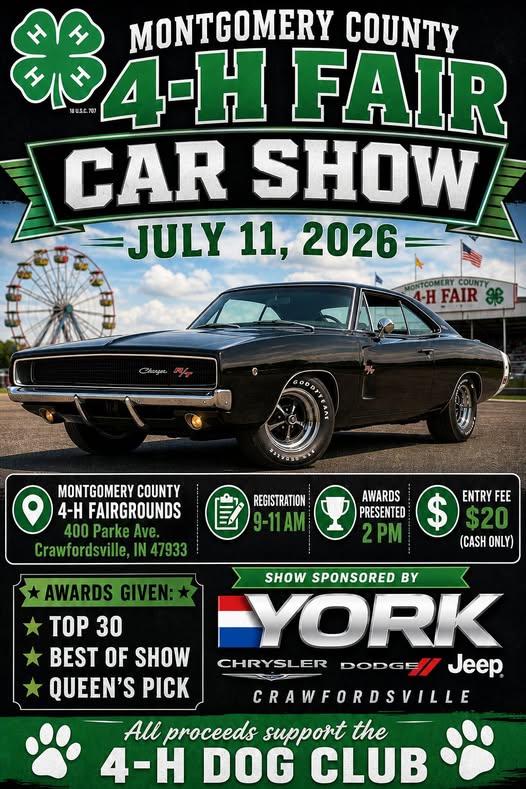 Montgomery County 4-H Fair Car Show event at 4-H Fairgrounds in Crawfordsville, IN on July 11, 2026