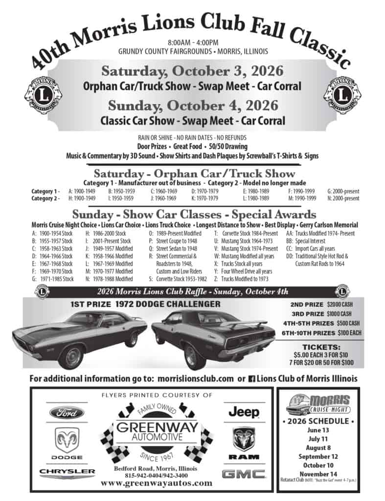 Morris Lions Club Fall Classic Car Show event at Grundy County Fairgrounds in Morris, IL on October 3, 2026