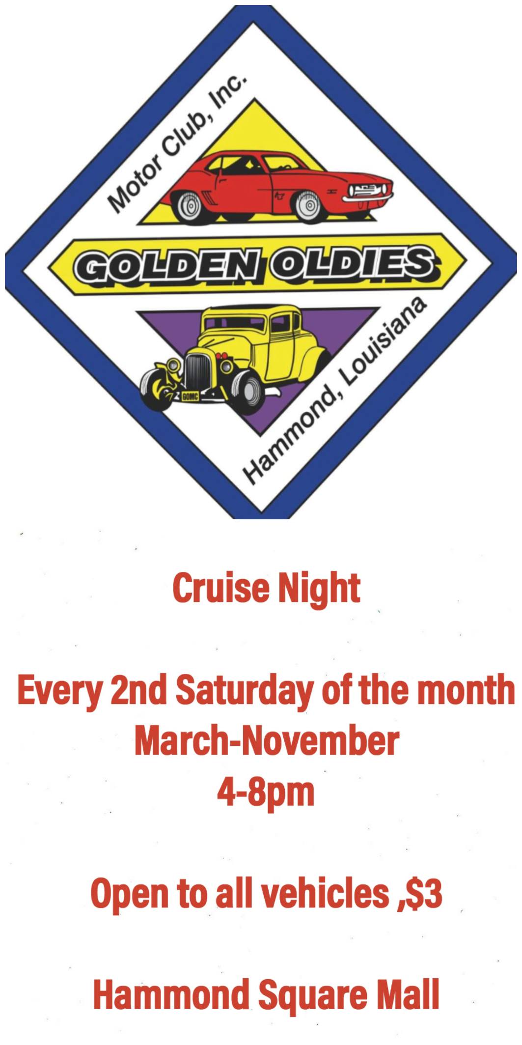 Motor Club, Inc. Golden Oldies Cruise Night event at Hammond Square Mall in Hammond, LA on June 11, 2026