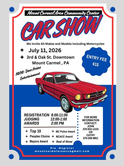 Mount Carmel Area Community Center CAR SHOW event at Mount Carmel Area Community Center in Mount Carmel, PA on July 11, 2026
