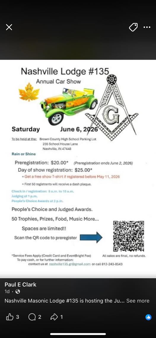 Nashville Lodge #135 Annual Car Show event at Brown County High School Parking Lot in Nashville, IN on June 6, 2026