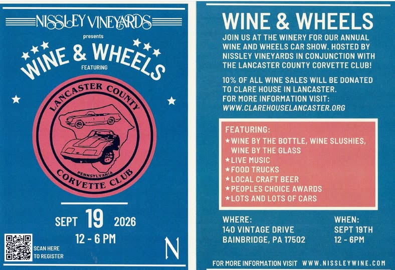 Nissley Vineyards Wine & Wheels Featuring Lancaster County Corvette Club event at 140 Vintage Drive in Bainbridge, PA on September 19, 2026