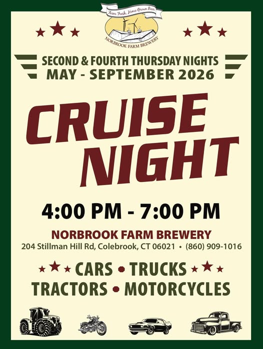 Norbrook Farm Brewery Cruise Night event at Norbrook Farm Brewery in Colebrook, CT on May 12, 2026