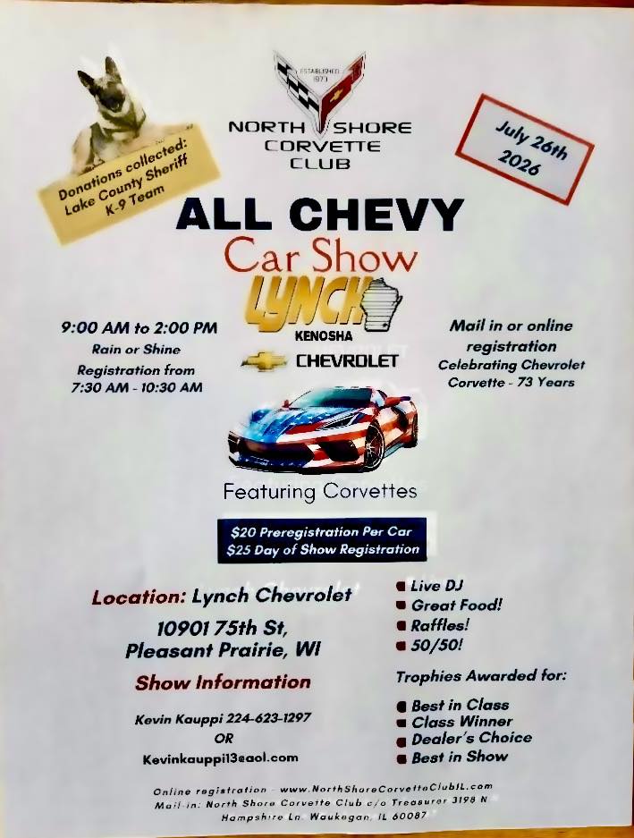 North Shore Corvette Club All Chevy Car Show Lynch event at Lynch Chevrolet in Pleasant Prairie, WI on July 26, 2026