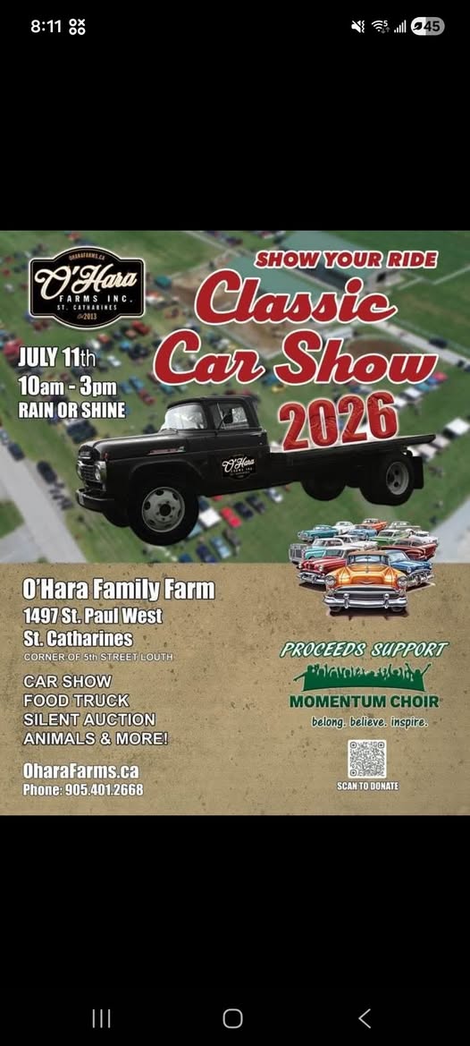 O'Hara Classic Car Show 2026 event at O'Hara Family Farm in St. Catharines, ON on July 11, 2026