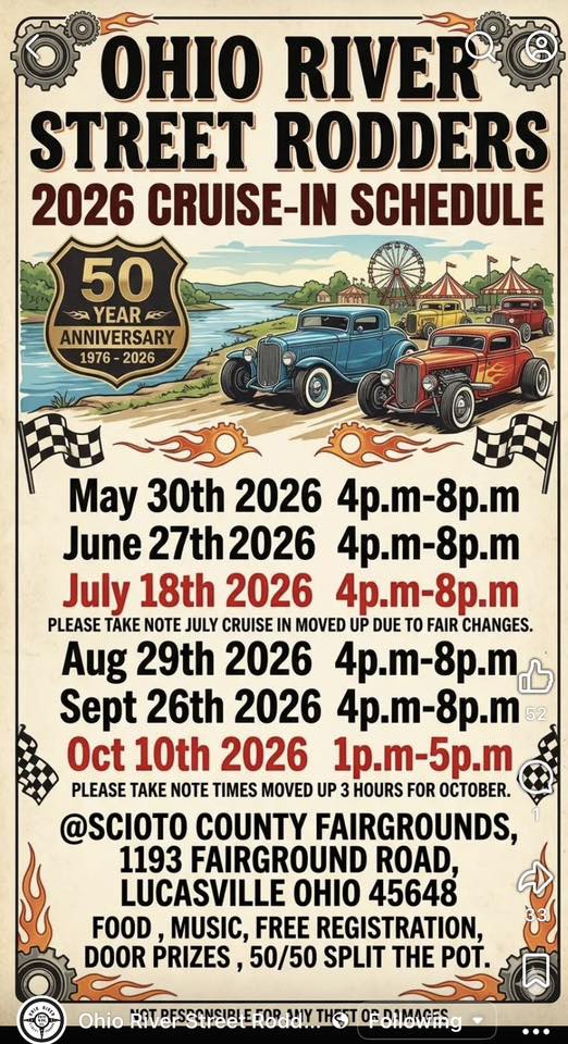 Ohio River Street Rodders 2026 Cruise-IN Schedule event at Scioto County Fairgrounds in Lucasville, OH on May 30, 2026